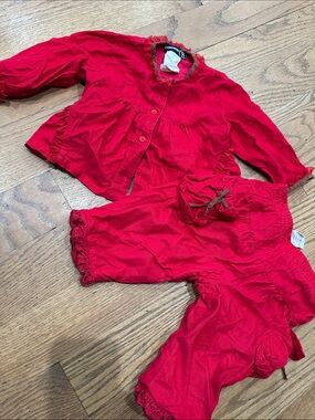 Jean Bourget Girls Red Corduroy shirt and Pants Set